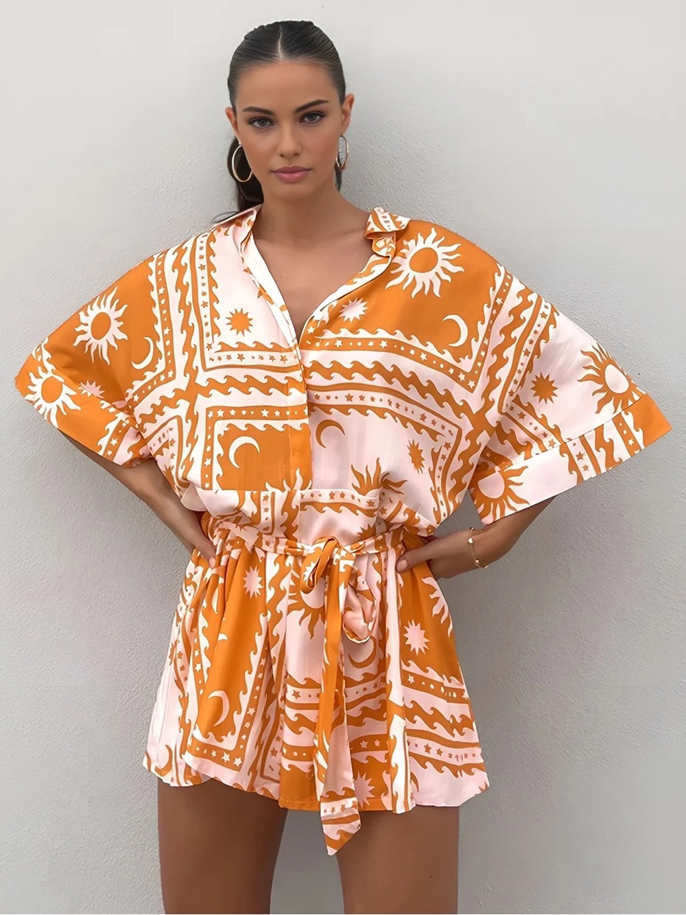 Commense Orange and Pink Button-Front Waist-Tie Romper